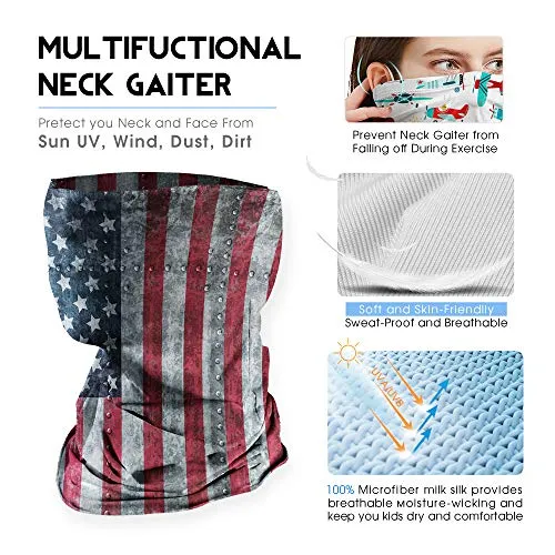 4 PCS Kids Face Mask Neck Gaiters Full-Coverage Bandanas Headband Tube Neck for Boys Girls(B American Flag/Pack of 4, 7-10T/8.2713.39inch)