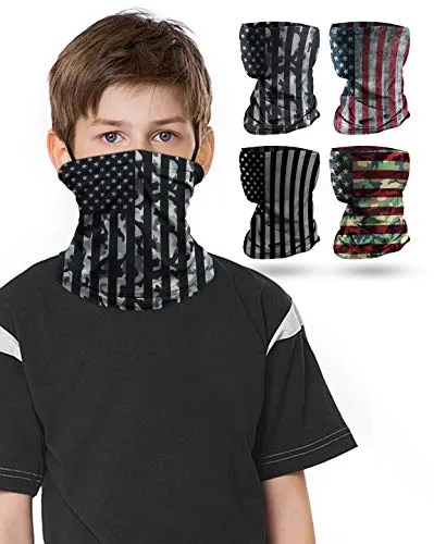 4 PCS Kids Face Mask Neck Gaiters Full-Coverage Bandanas Headband Tube Neck for Boys Girls(B American Flag/Pack of 4, 7-10T/8.2713.39inch)