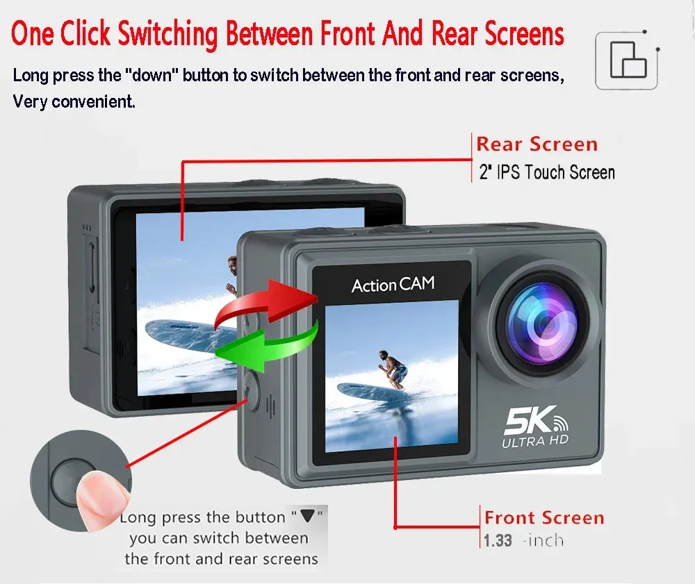 5K Action Camera 4K60FPS Dual IPS Touch LCD EIS WiFi 170 30M Waterproof 5X Zoom Professional Sport Camera With Remote Control