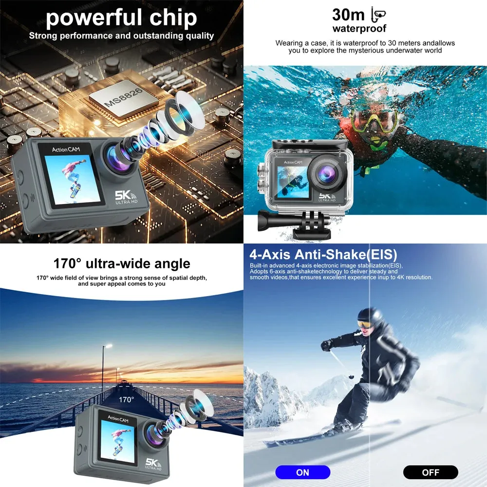 5K Action Camera 4K60FPS Dual IPS Touch LCD EIS WiFi 170 30M Waterproof 5X Zoom Professional Sport Camera With Remote Control