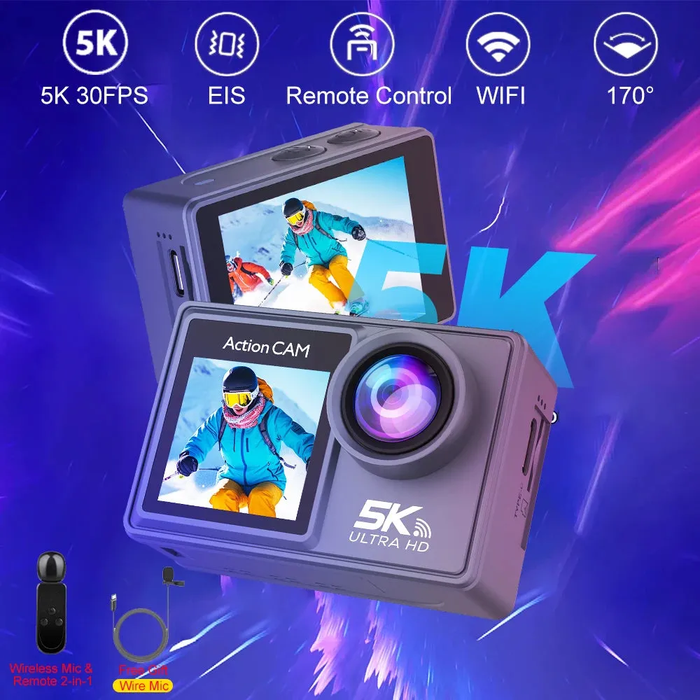 5K Action Camera 4K60FPS Dual IPS Touch LCD EIS WiFi 170 30M Waterproof 5X Zoom Professional Sport Camera With Remote Control